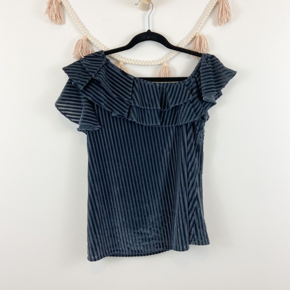 Entro Grey Velvet Striped One Shoulder Ruffle Top - Picture 4 of 9